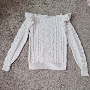 LOFT Ivory Boatneck Ruffle Cable Knit Sweater